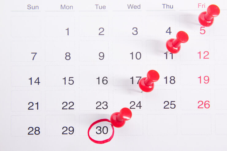 White calendar with red thumb tacks and circled dates