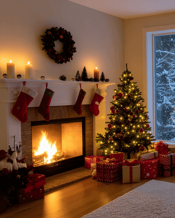 Sparkling Christmas tree with presents beside a festive fire