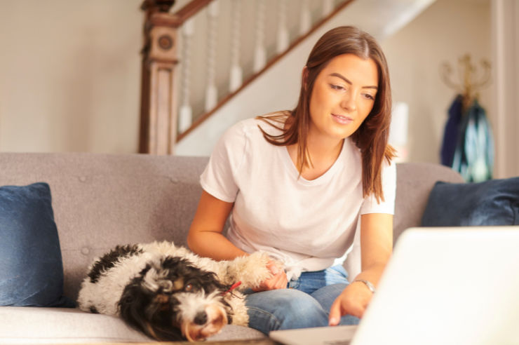 Woman sitting on couch looking at laptop holding a dogs paw