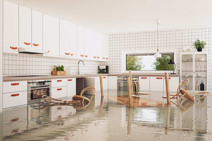 Flooded house Large white kitchen that has been flooded