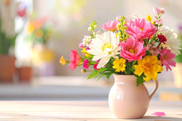 Colourful pink, yellow and white flowers sitting in a cream vase atop counter