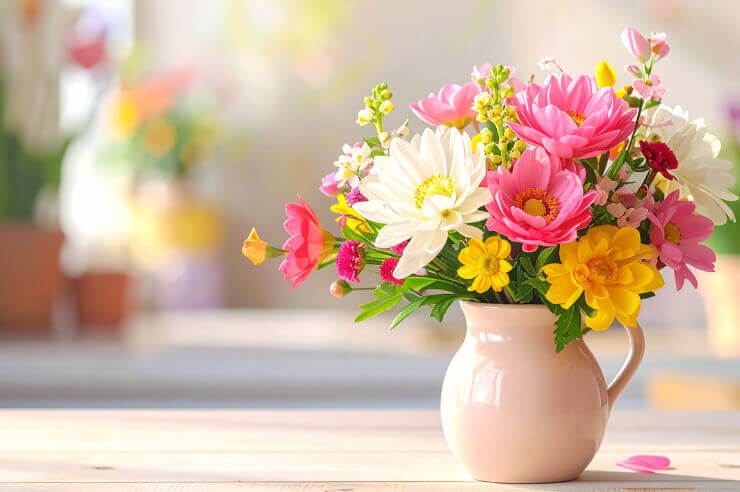 Colourful pink, yellow and white flowers sitting in a cream vase atop counter