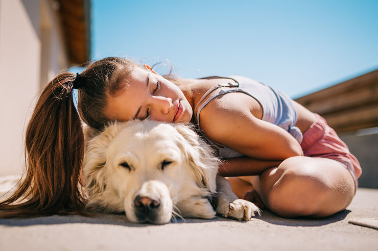 Girl hugging a sleeping golden retriever