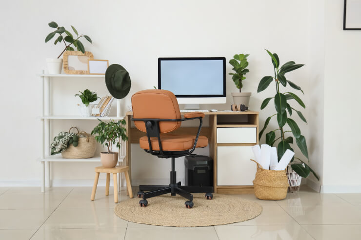 Bright, open desk space with desktop computer and various plants