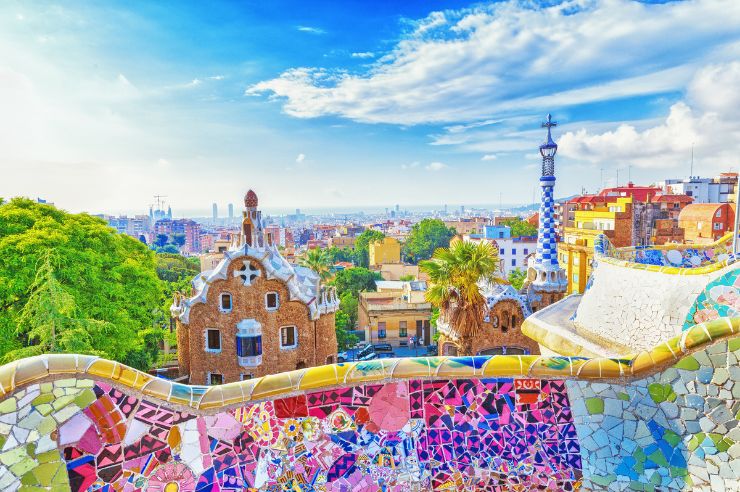 Photo overlooking Barcelona in Spain from a colourful balcony