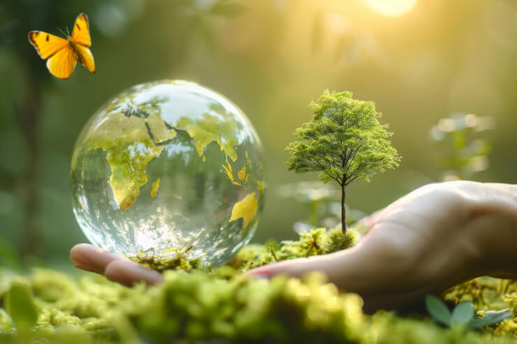 Protect the earth Hand resting in green foliage holding a bubble that contains a map of the world