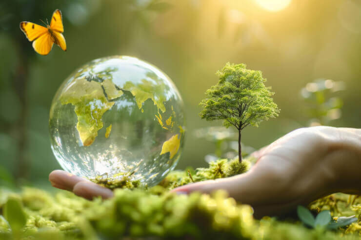Hand resting in green foliage holding a bubble that contains a map of the world