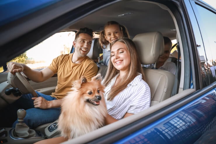 Family of three sitting in their car with their dog