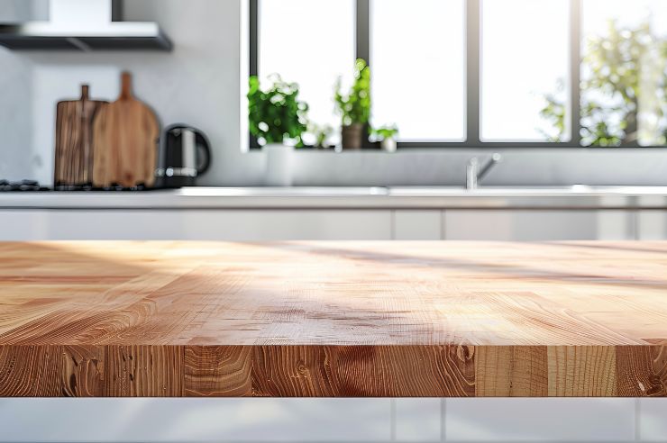 Wooden kitchen counter top  Close shot of a wooden counter top in bright white kitchen