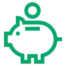 Green icon of a piggy bank with a coin being inserted.