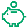 Green icon of a piggy bank with a coin being inserted.