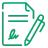 Green icon of a document with lines, signature, and pen.