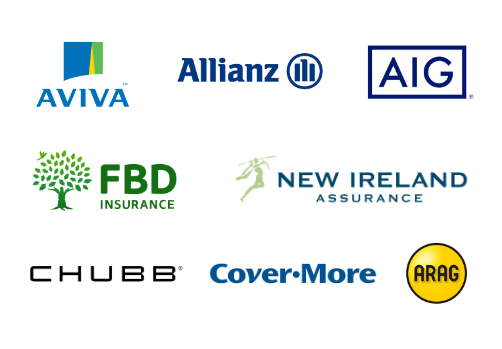 Logos of leading insurance providers in Ireland including Aviva, Allianz, AIG, FBD Insurance, New Ireland Assurance, Chubb, Cover-More and ARAG