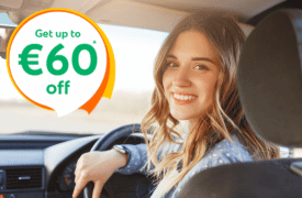 Woman smiling from the driver’s seat with text “Car Insurance for great value and great cover” and “Get up to €60 off”, promoting car insurance in Ireland.